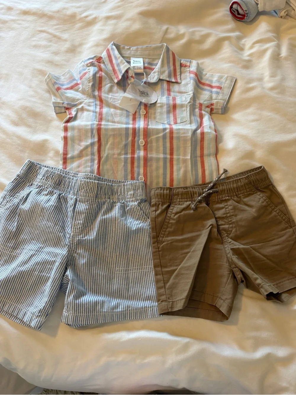 12-18 Toddler Short-Sleeve Button Shirt & Shorts Set Pastel Stripe & Light Blue